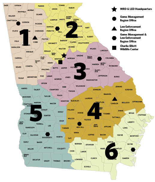 Georgia regions with contact and office information map.