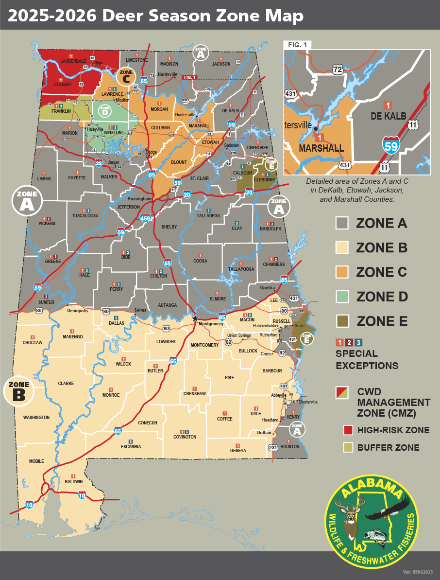 2025–2026 Alabama Deer Season Zone Map showing hunting zones A through E, special exceptions, and Chronic Wasting Disease (CWD) management areas. Includes high-risk and buffer zones, with detailed inset of Zones A and C in DeKalb, Etowah, Jackson, and Marshall counties. Map provided by Alabama Wildlife & Freshwater Fisheries.