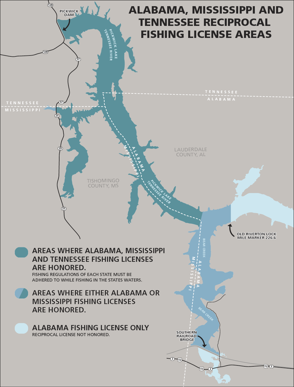 Map of Alabama, Mississippi, and Tennessee reciprocal fishing license areas on Pickwick Lake and Tennessee River, showing zones where licenses from all three states, or from Alabama and Mississippi only, are honored.