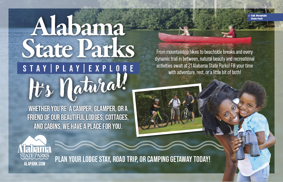 Promotional ad for Alabama State Parks featuring a family canoeing, biking, and exploring outdoors with the slogan “Stay, Play, Explore – It’s Natural!” encouraging camping, glamping, and lodging at 21 Alabama State Parks.