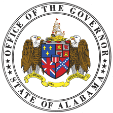 Seal of the Office of the Governor of Alabama featuring two bald eagles holding a state crest with historic flags, surrounded by the words "Office of the Governor, State of Alabama."
