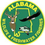 Alabama Wildlife and Freshwater Fisheries logo featuring a deer, a fish, and a bald eagle inside a yellow-outlined map of Alabama on a green background.