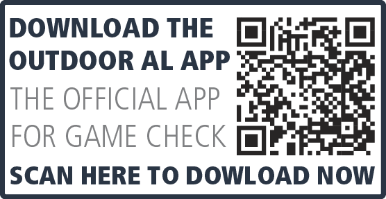 QR code to download the Outdoor AL app, the official Alabama app for Game Check. Text reads: “Download the Outdoor AL App — The Official App for Game Check. Scan here to download now.”