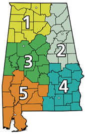 Color-coded map of Alabama showing five Wildlife and Freshwater Fisheries (WFF) districts, labeled 1 through 5, used for managing hunting, fishing, and wildlife resources.