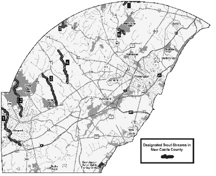 Map of designated trout streams in New Castle county, Delaware.