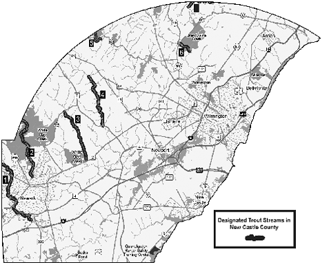 Map of designated trout streams in New Castle county, Delaware.