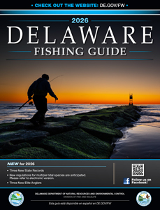 Cover of the 2026 Delaware Fishing Guide showing an angler fishing at sunrise along a rocky shoreline in Delaware.