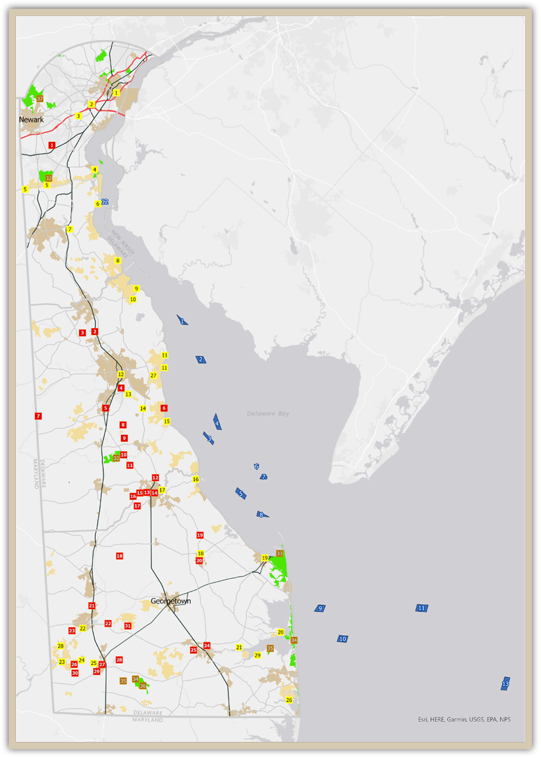 Map of Delaware showing waterways, coastal areas, and numbered locations across the state.