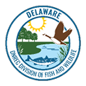Official logo of the Delaware Division of Fish and Wildlife, featuring a sun, goose in flight, trees, a river, and a fish.