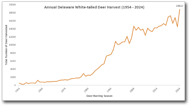 Line graph showing the annual Delaware white-tailed deer harvest from 1954 to 2024, with a peak of 18,823 deer harvested in 2024.