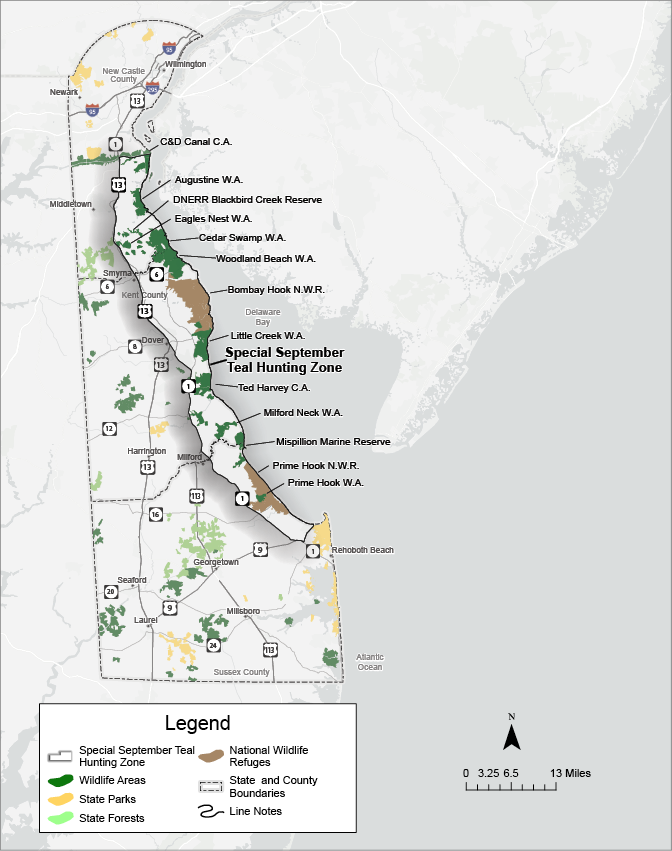 Map of Delaware showing the Special September Teal Hunting Zone, including wildlife areas, state parks, forests, and national wildlife refuges.