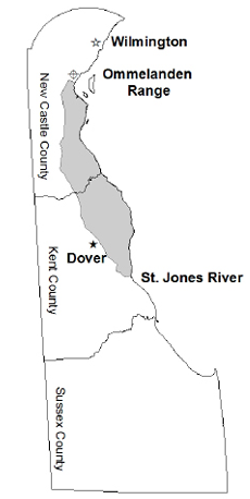 Map of Delaware displaying designated raccoon trapping areas, including Wilmington, Dover, St. Jones River, and Ommelanden Range, with county boundaries labeled.