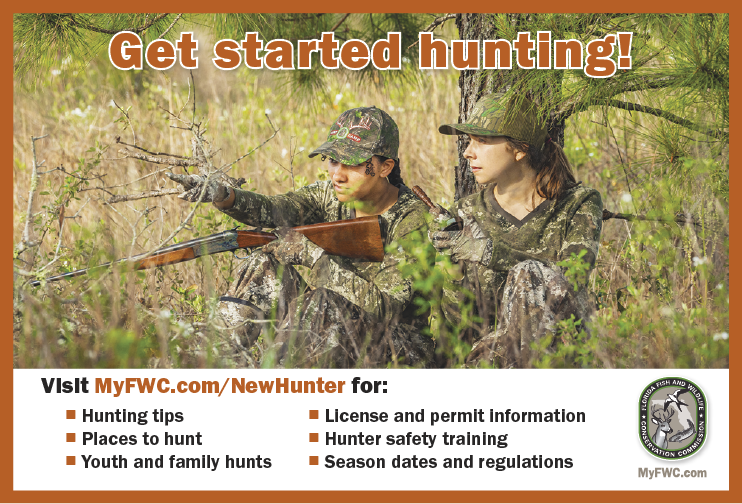 Two young hunters in camouflage sit in a wooded area, one holding a rifle, promoting safe and educational hunting for beginners.