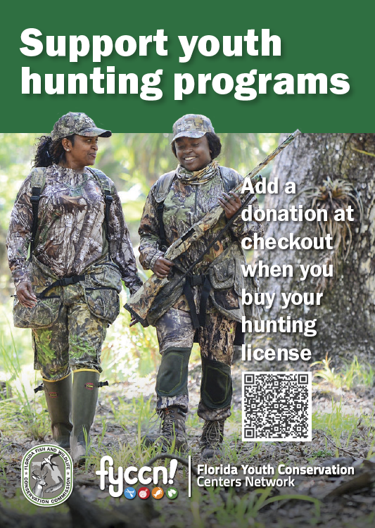 Two young hunters in camouflage gear walk through a wooded area, smiling and carrying hunting equipment. Text encourages donations at license checkout to support Florida youth hunting programs.