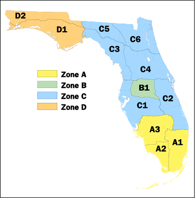 Color-coded map of Florida showing hunting zones A, B, C, and D, along with their corresponding Deer Management Units (DMUs), used for wildlife and hunting regulations.