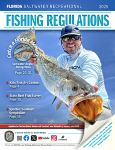 Cover of the 2025 Florida Saltwater Recreational Fishing Regulations featuring Travis Anderson holding a large spotted sea trout. Highlights include Saltwater Angler Recognition, Kids Fish Art Contest, State Reef Fish Survey, and Spotted Seatrout Symposium.
