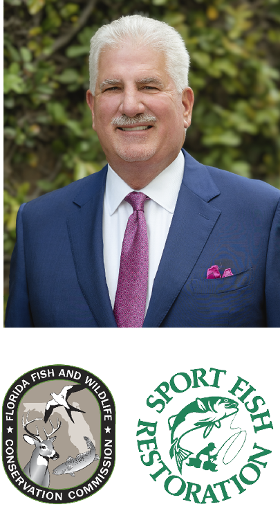 Rodney Barreto, Chairman of the Florida Fish and Wildlife Conservation Commission, wearing a navy suit and purple tie. Logos of the Florida Fish and Wildlife Conservation Commission and Sport Fish Restoration appear below.