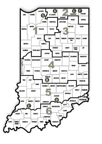 Indiana map of District Fisheries Biologist and State Fish Hatcheries.