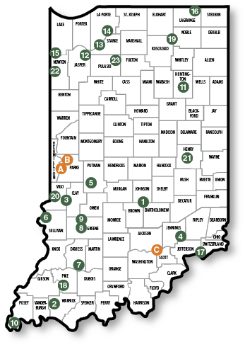 Indiana Fish and Wildlife Areas/Healthy Rivers INitiative Sites Map.