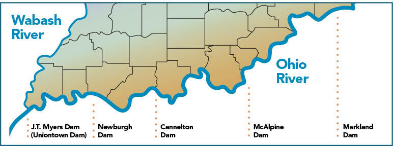 Map of southern Indiana highlighting the Wabash River and Ohio River with dam locations including J.T. Myers Dam, Newburgh Dam, Cannelton Dam, McAlpine Dam, and Markland Dam.