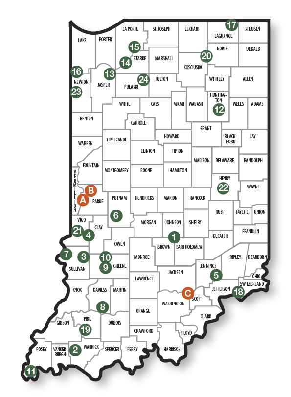 Indiana Fish & Wildlife Areas map showing county boundaries with numbered property locations and lettered markers across northern, central, and southern Indiana.