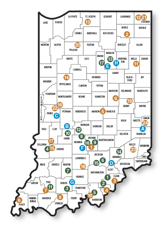 Indiana map highlighting lakes, state parks, and state forests with numbered and lettered location markers across counties statewide.