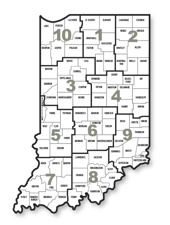 Map of Indiana counties divided into 10 Indiana DNR Law Enforcement districts, with district boundaries and numbered regions labeled across the state.