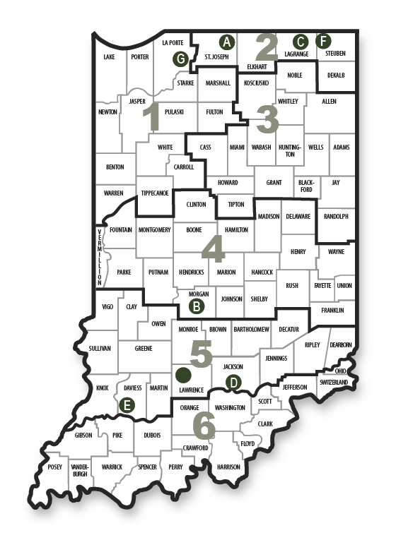 Map of Indiana counties divided into six Indiana DNR Fish & Wildlife regions, labeled 1 through 6, with district boundaries and biologist locations marked across the state.