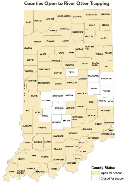 Indiana map of counties open to river otter trapping.
