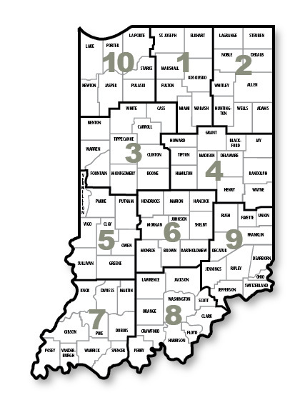 Indiana DNR Law Enforcement Districts Map.