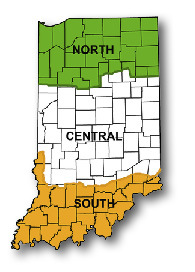 Indiana Map defining North, Central, and South Zones.