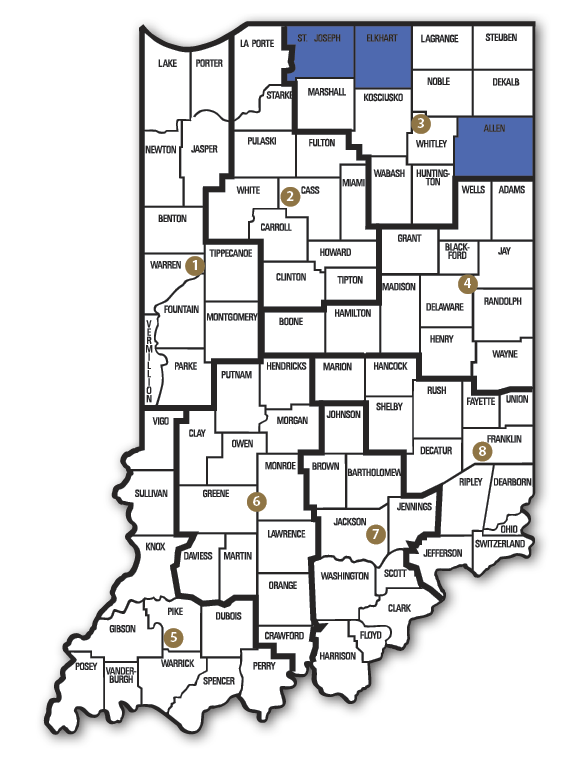 Map of Indiana showing the eight wildlife biologist districts, each numbered and color-coded by region. Districts include northern, central, and southern counties, with highlighted areas in blue and numbered brown markers indicating district locations.