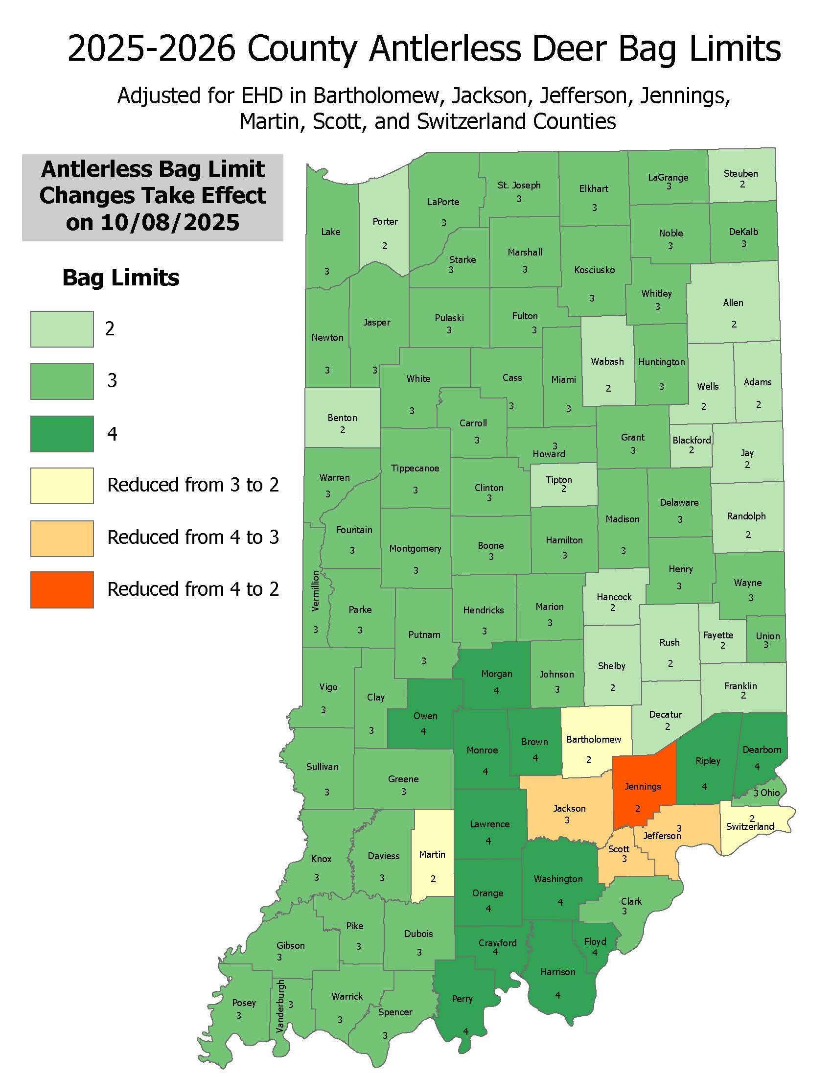 2025–2026 Indiana county antlerless deer bag limit map showing county-specific limits of 2, 3, or 4 deer. Adjustments made for EHD in Bartholomew, Jackson, Jefferson, Jennings, Martin, Scott, and Switzerland counties. Updated bag limit changes take effect on October 8, 2025.