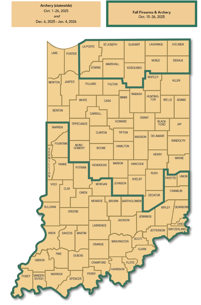 Map of Indiana 2025 Fall Turkey Firearms & Archery Seasons