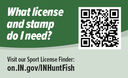 Graphic promoting the Indiana DNR Sport License Finder with a QR code and text that reads “What license and stamp do I need? Visit on.IN.gov/INHuntFish.”