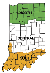 Indiana Map defining North, Central, and South Zones.