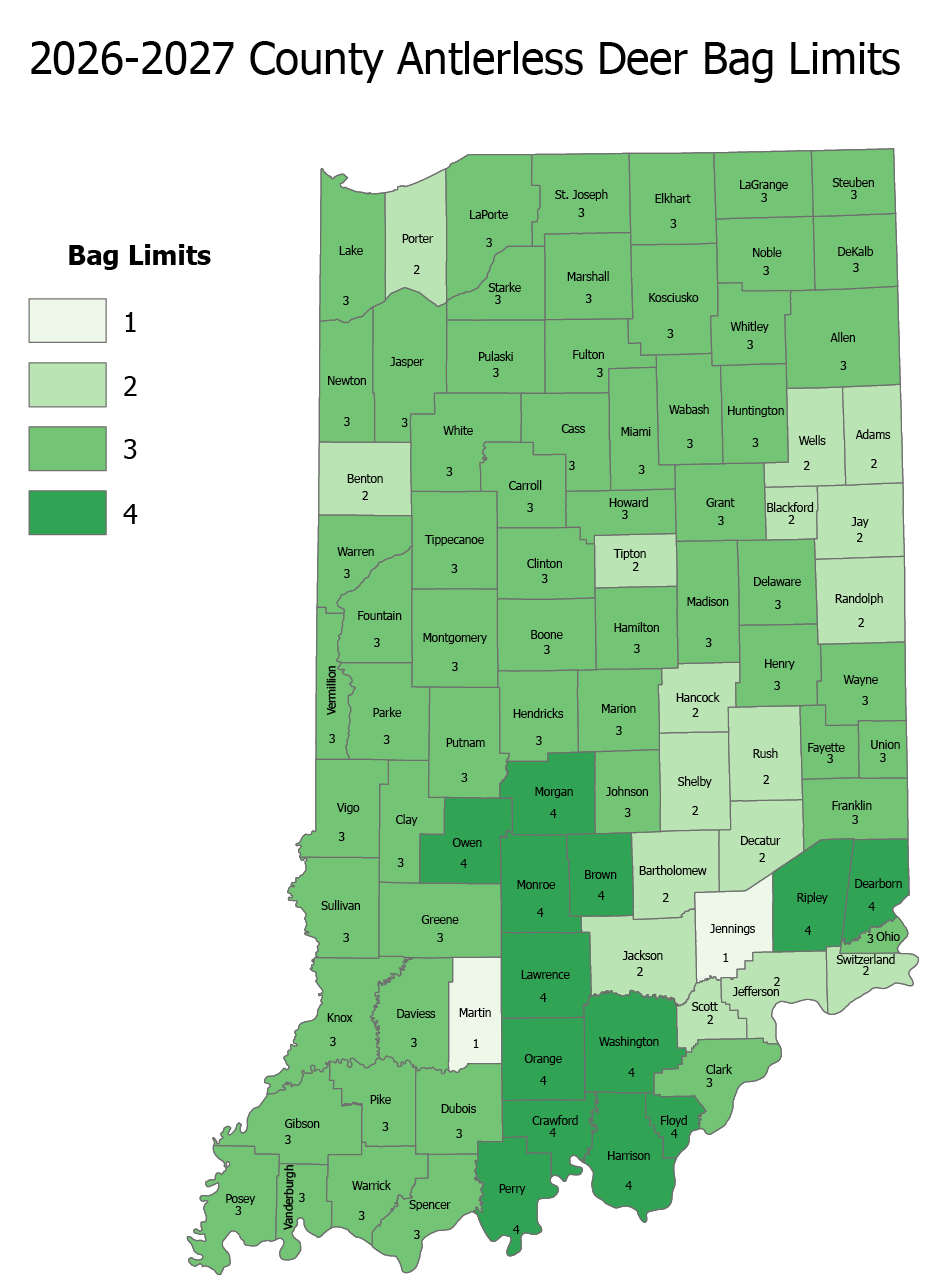 A map of Indiana shows the counties with bag limits.

AI generated content