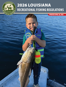Young boy wearing a life jacket holds a large redfish on a boat, featured on the cover of the 2026 Louisiana Recreational Fishing Regulations with update date April 28, 2025.
