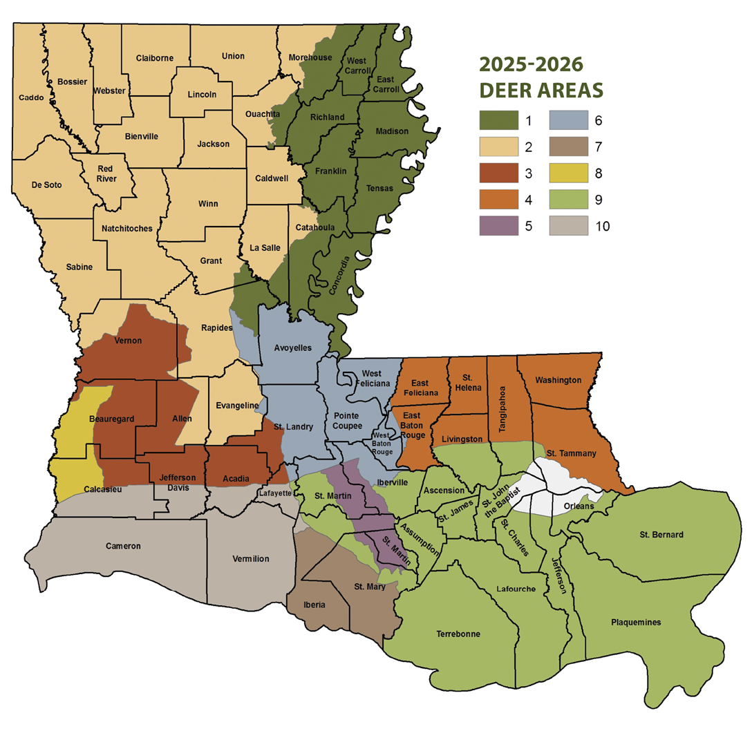 Map of 2025-2026 Deer Hunting Areas in Louisiana