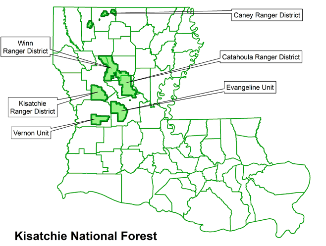 Map of Kisatchie National Forest Hunting Units and Ranger Districts in Louisiana