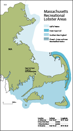 Map of Massachusetts Recreational Lobster Areas.