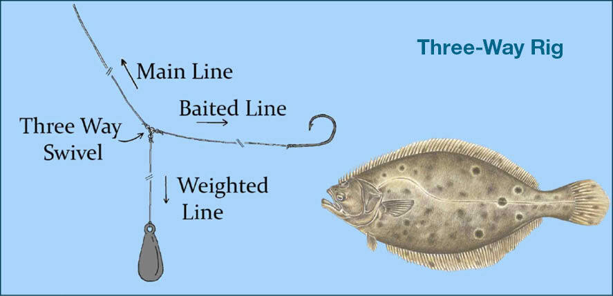 Illustration of a three-way rig for bait fishing.