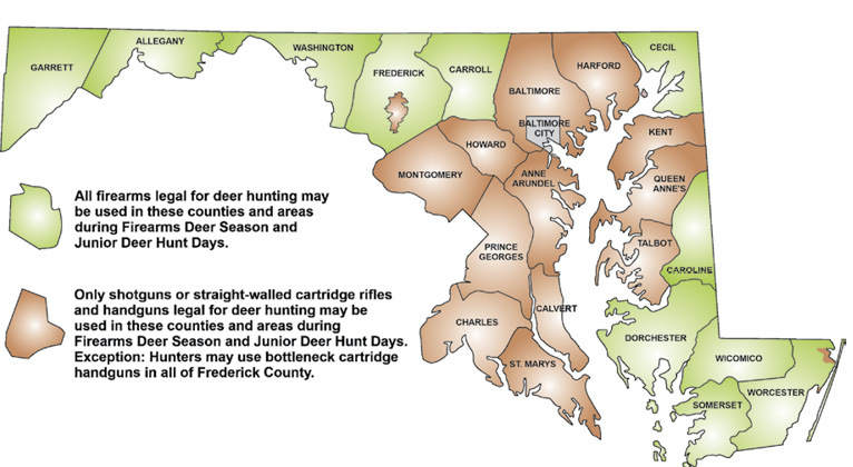 Marlyand designated rifle, shotgun and handgun counties and areas for firearms season deer hunting map.