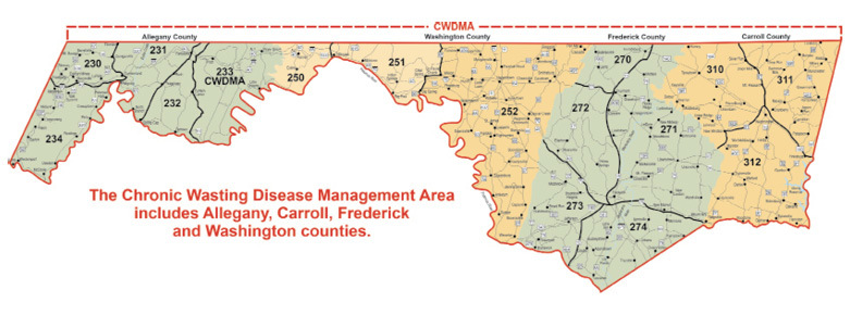 Maryland map of the Chronic Wasting Disease Management Area which includes Allegany and Washington counties.