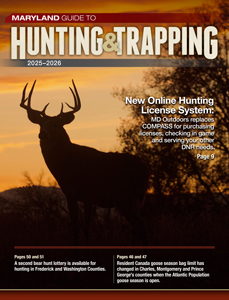 Cover of the 2025–2026 Maryland Guide to Hunting & Trapping featuring a silhouette of a deer at sunset and headlines about the new online hunting license system.