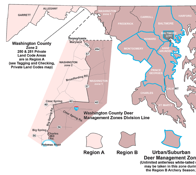 Map of Maryland showing Deer Management Zones and regions, including Region A, Region B, and the Urban/Suburban Deer Management Zone with a detailed inset of Washington County split into Zone 1 and Zone 2.