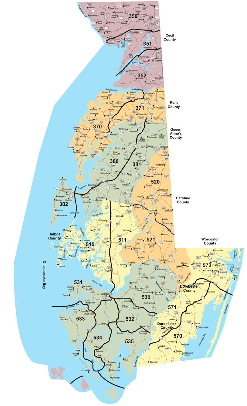 Map of Maryland's Eastern Shore displaying public and private land code areas for hunting, with county boundaries and numbered zones labeled by region.
