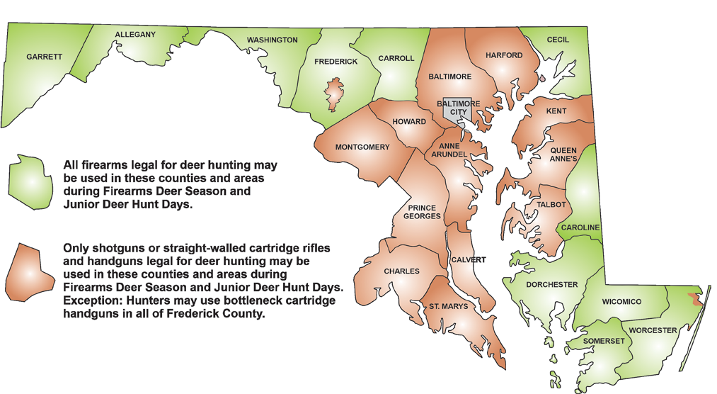 Map of Maryland color-coded by county to show where all legal firearms or only shotguns and straight-walled cartridge rifles may be used for deer hunting during Firearms Deer Season and Junior Deer Hunt Days.