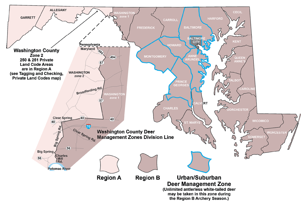 Maryland Deer Management Regions and Zones map showing Region A, Region B, Urban/Suburban Deer Management Zones, and Washington County deer management boundaries. The map identifies county-level hunting regions and special deer management areas used to regulate white-tailed deer hunting seasons and harvest opportunities across Maryland.