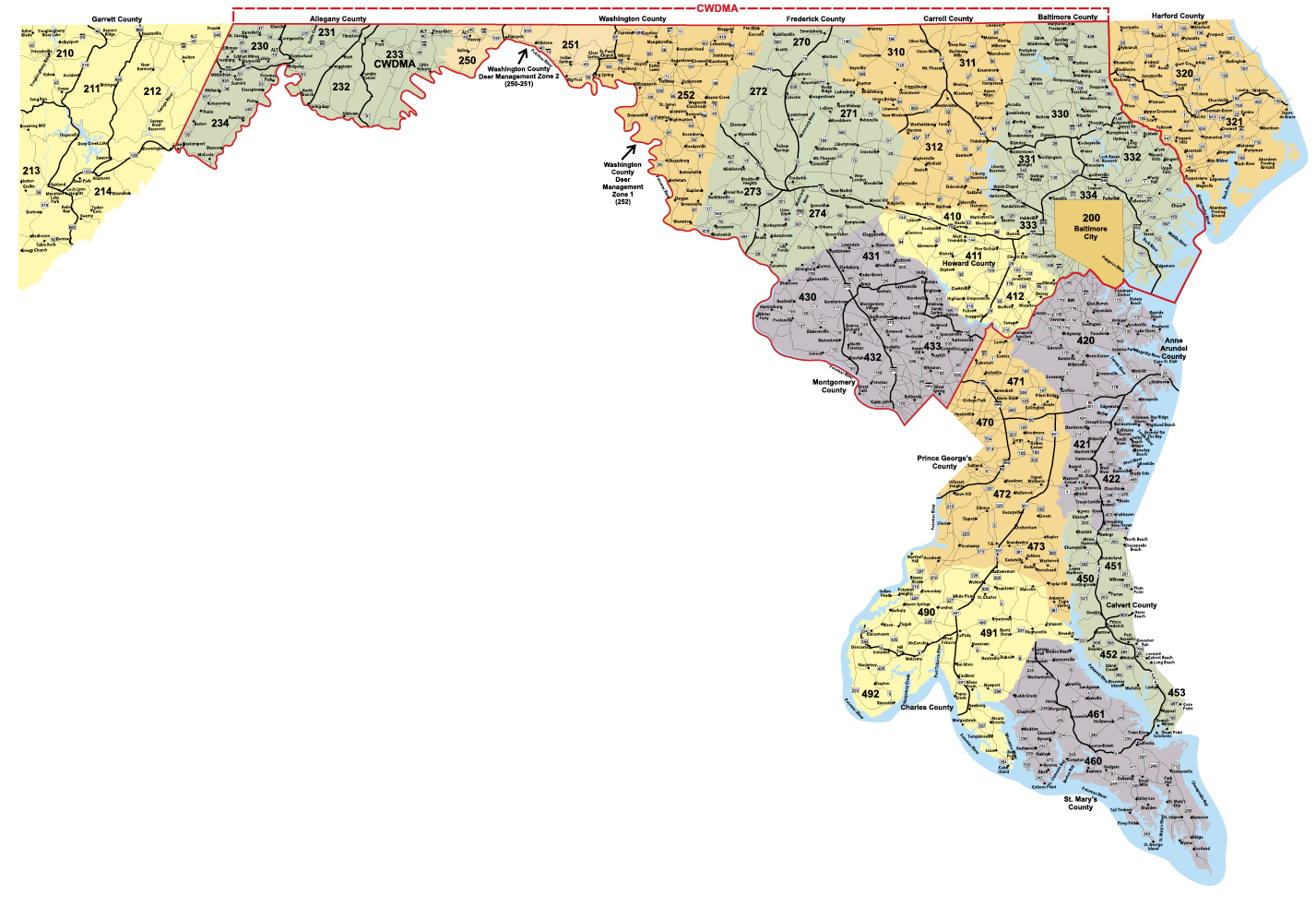 Maryland Hunting Land Code Map showing hunting land code areas, county boundaries, and designated Chronic Wasting Disease Management Areas (CWDMA) across western, central, and southern Maryland. The map is used by hunters to identify land code regions for harvest reporting, deer management regulations, and hunting zone requirements.